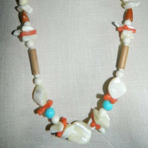 Mother of Pearl Shell Faux Coral Wood Necklace